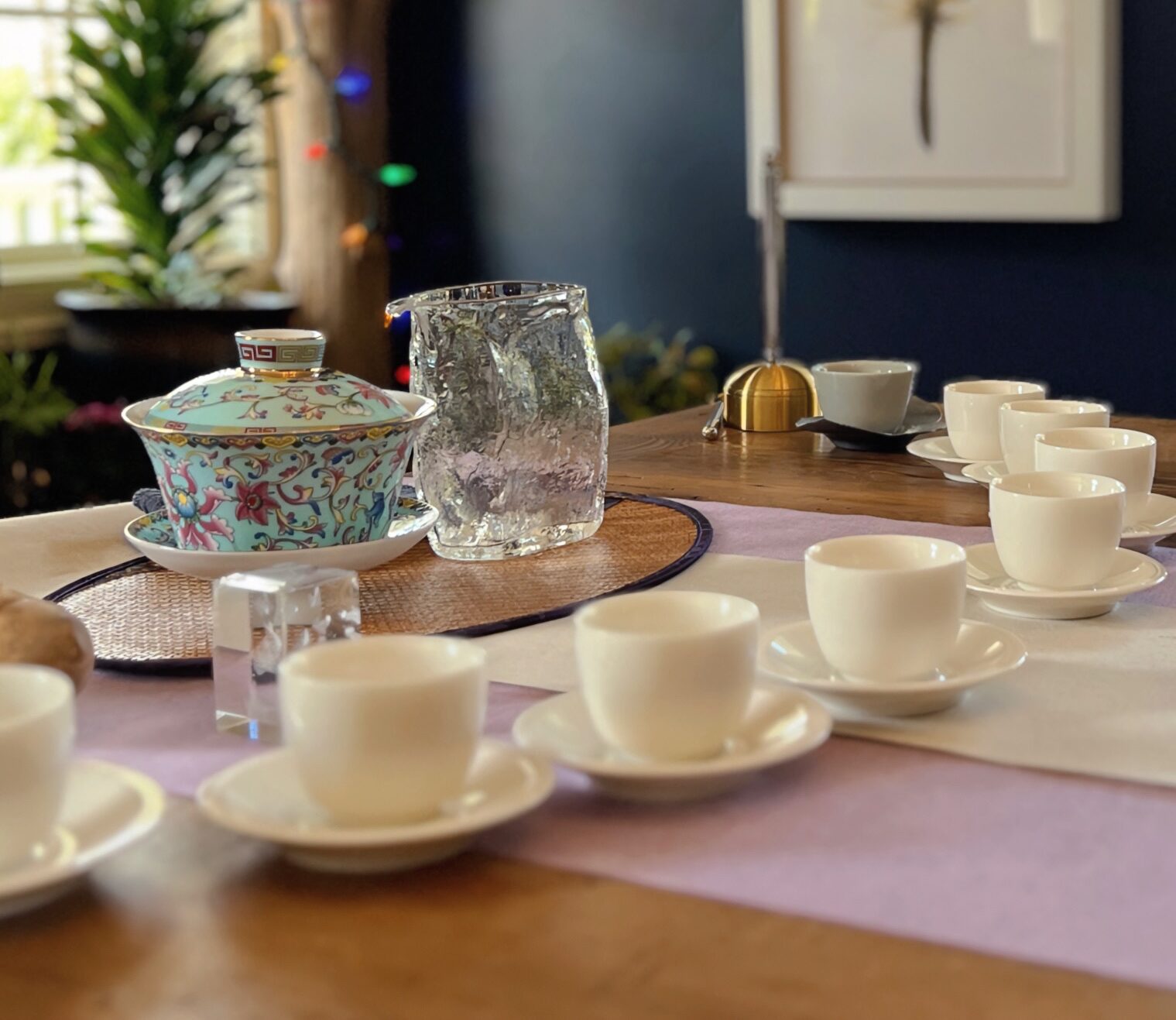A private tea gathering arranged in a warm home setting