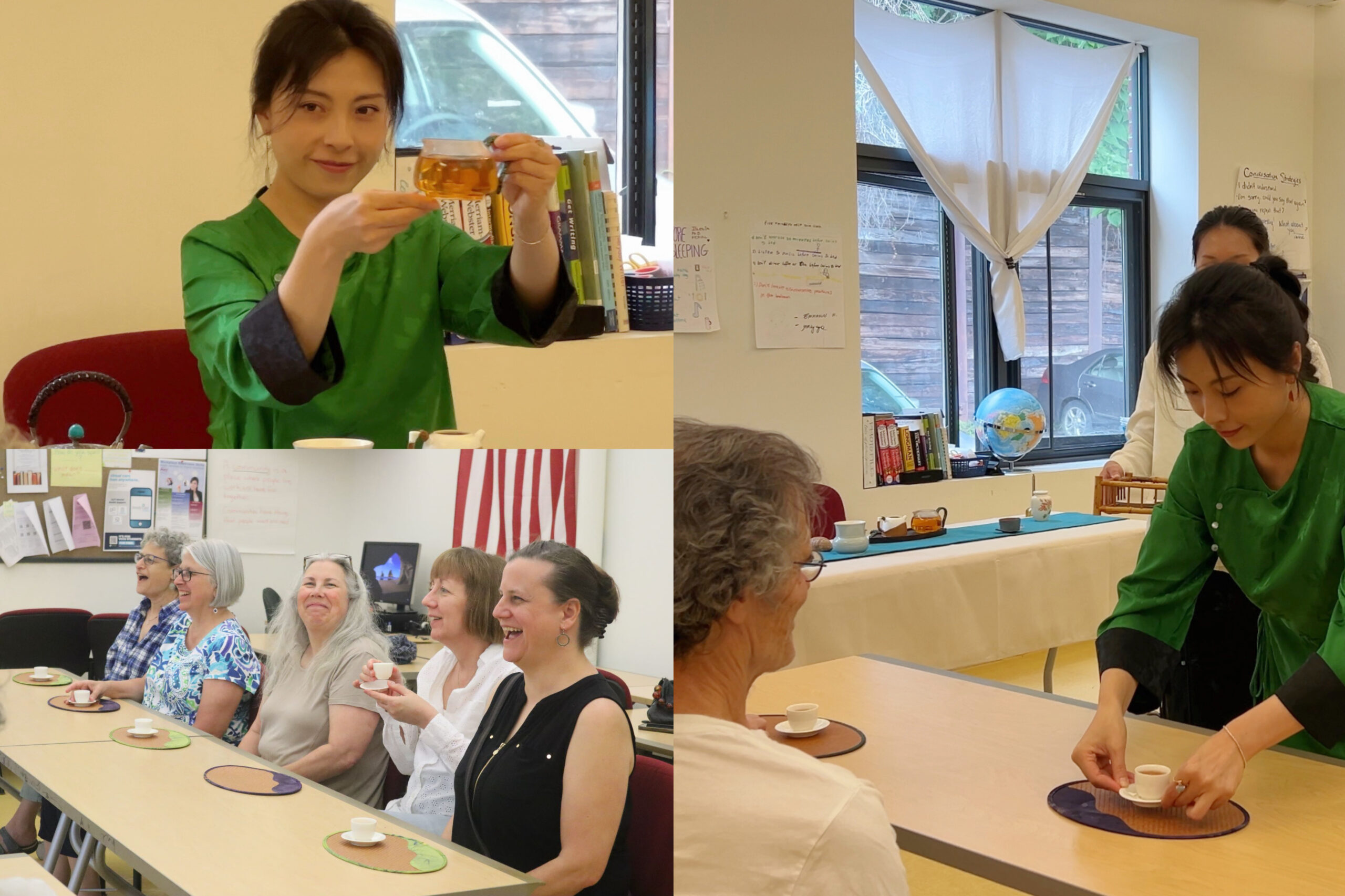 Feather Chen hosting an appreciation tea gathering for instructors at Piedmont Virginia Community College